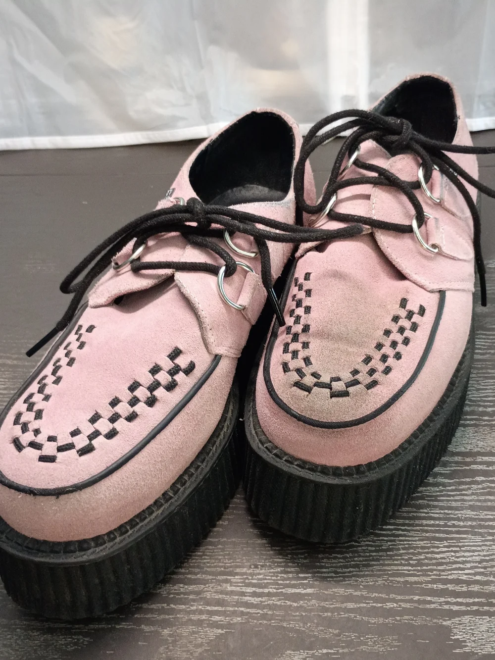 T.U.K Pink Suede Platform Creeper with Black Lug 1.5 Inch Sole. Good Condition.